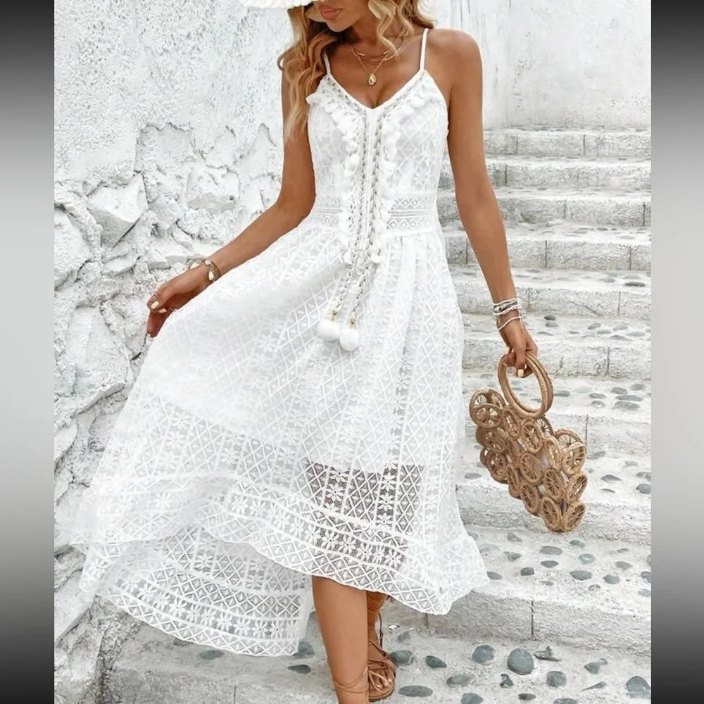 White Guipure Sheer Mesh Lace Tassel Cami Dress Boho - Picture 5 of 6